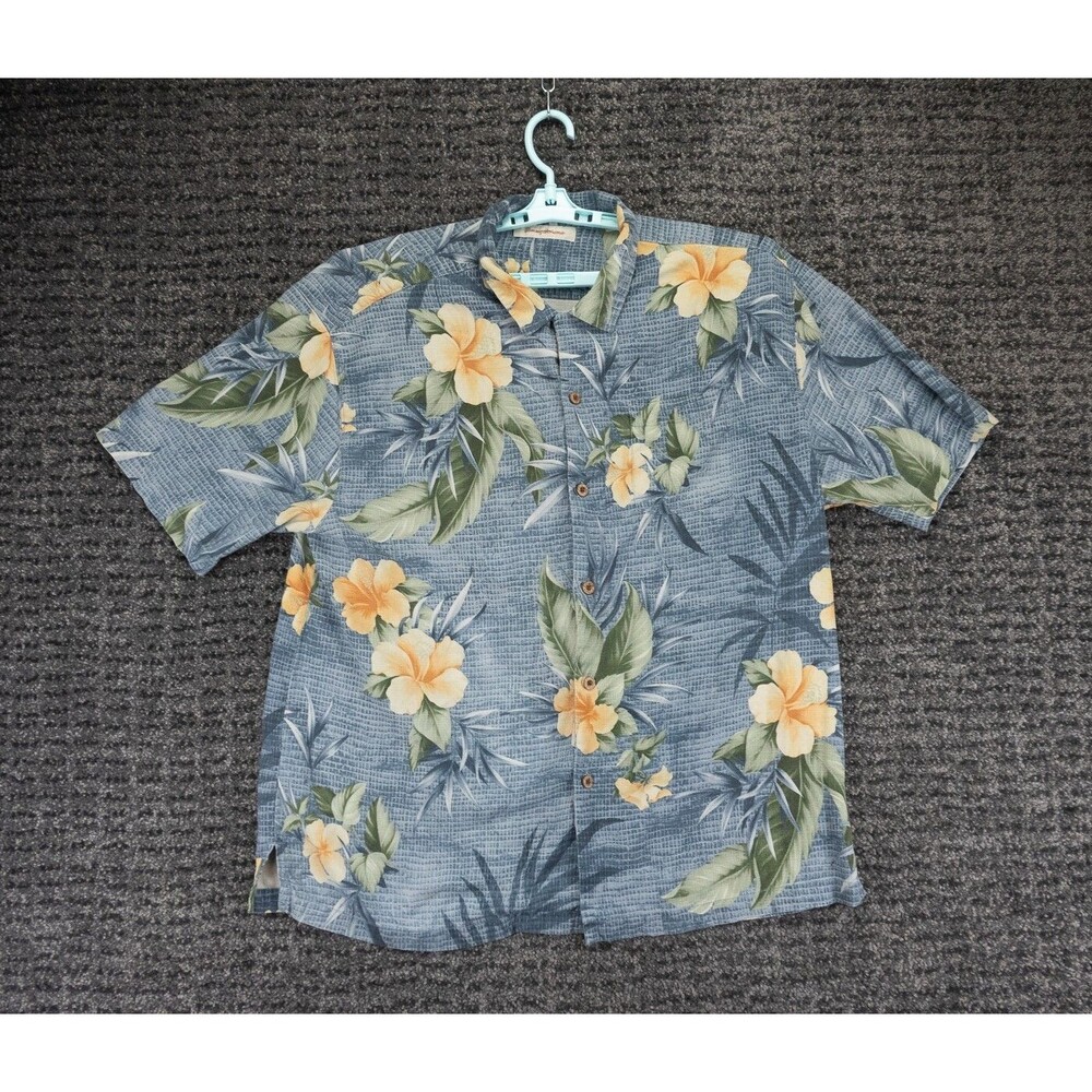 Tommy Bahama Shirt Mens XLX Blue Floral Print Silk Short Sleeve Beach Hawaiian